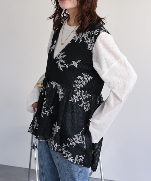 ap retro 「セットアップ対応」リーフ柄刺繍メッシュペプラム