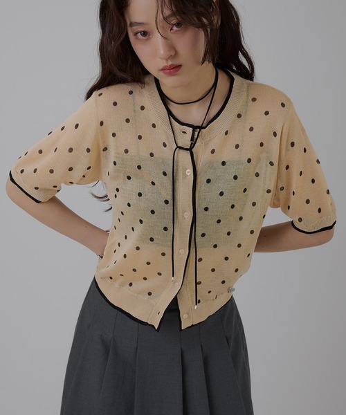 MUHET カーディガン two-tone sheer crew neck cardigan