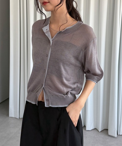MUHET カーディガン two-tone sheer crew neck cardigan