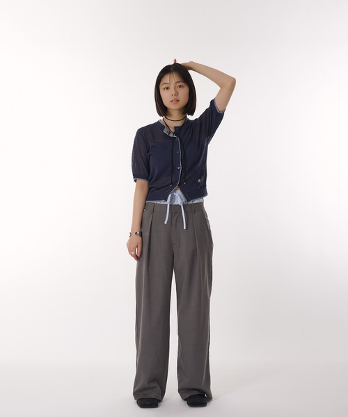 カーディガン クルーネックカーディガン/crewneck cardigan　グレー　ネイビー　大人カジュアル　春夏　オフィス　シンプル レディース MUHET カーディガン two-tone sheer crew neck cardigan