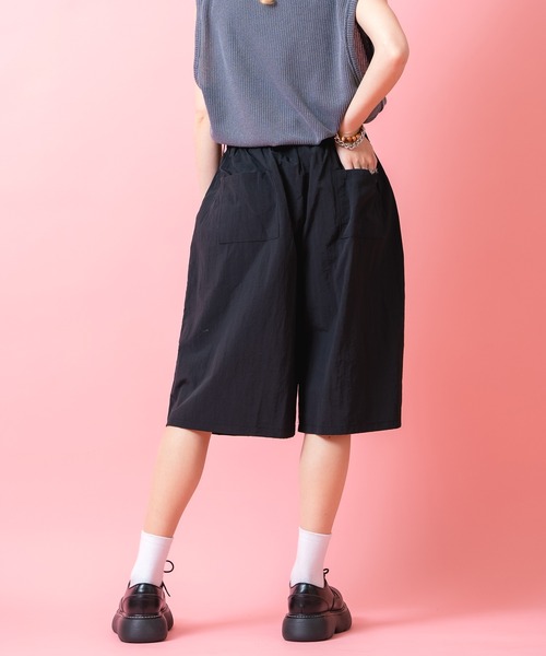 黒 ハーフパンツ ウエストゴム ポケット付き ハーフパンツ パンツ a.p.o.v. コードロングベルトマットポリスーパー