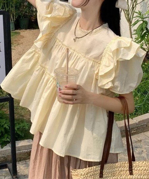 「CADBURY」 半袖ブラウス LARGE イエロー レディース_画像3