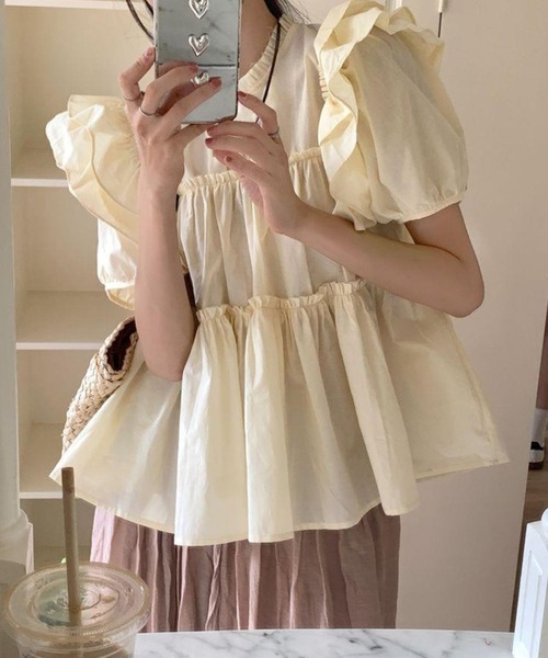 「CADBURY」 半袖ブラウス LARGE イエロー レディース_画像4