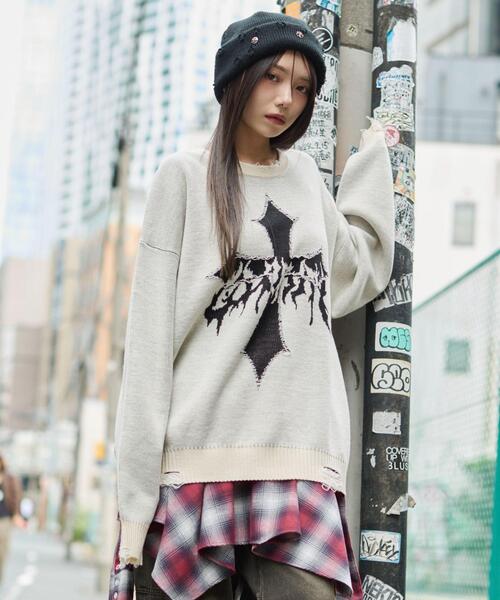 FEAR OF GOD風ビックサイズ ダメージ加工 ボーダー 長袖カットソー WEGO（ウィゴー） セーター ニット WEGO/ダメージジャガードプル