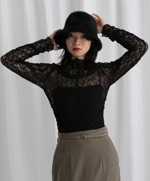 mysty woman（ミスティウーマン） tシャツ 総レースハイネックギャザー