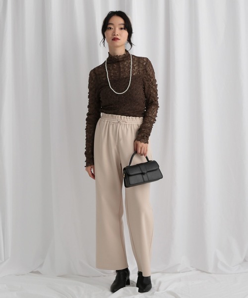 mysty woman（ミスティウーマン） tシャツ 総レースハイネックギャザー