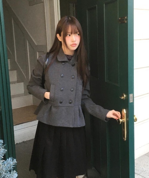 FAVORITO ピーコート pコート ダブルボタン ペプラム ショートコート