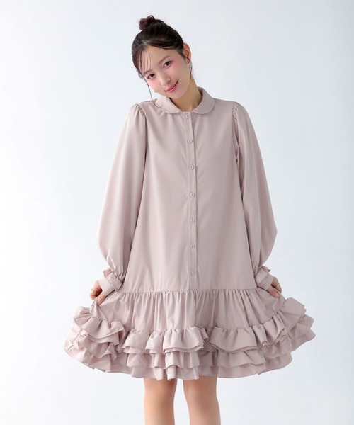 Fit more（フィットモア） シャツワンピース 裾ダブルフリルシャツ