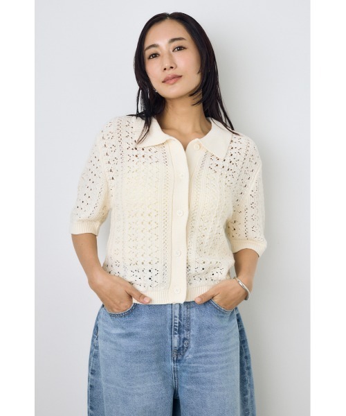 半袖ニットカーディガン 新品未使用　ブルーサイズM AZUL BY MOUSSY（アズールバイマウジー） カーディガン 半袖 クロシェ
