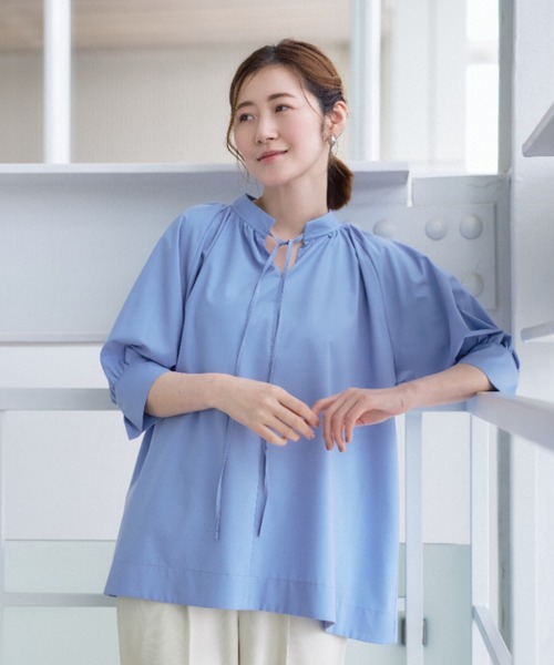 AOYAMA tシャツ ハイネックギャザーリボンブラウス「涼」「5分袖