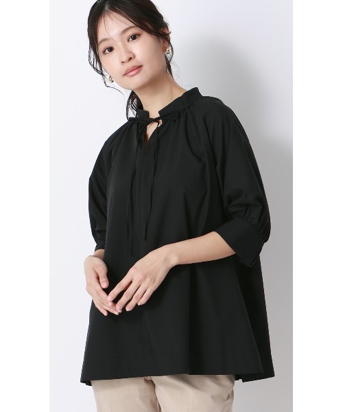 AOYAMA tシャツ ハイネックギャザーリボンブラウス「涼」「5分袖