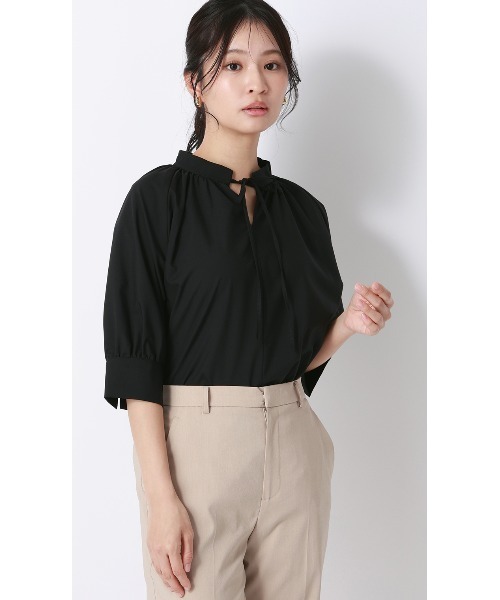 AOYAMA tシャツ ハイネックギャザーリボンブラウス「涼」「5分袖