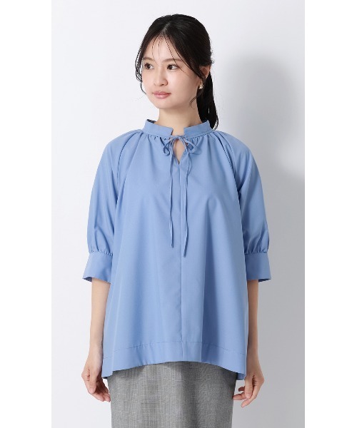AOYAMA tシャツ ハイネックギャザーリボンブラウス「涼」「5分袖