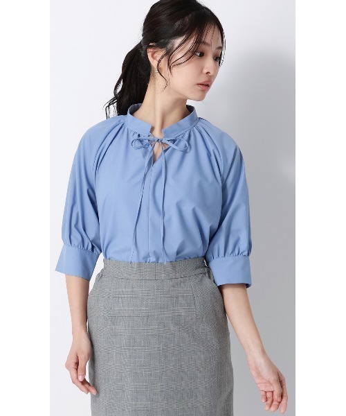 AOYAMA tシャツ ハイネックギャザーリボンブラウス「涼」「5分袖
