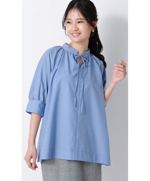 AOYAMA tシャツ ハイネックギャザーリボンブラウス「涼」「5分袖 