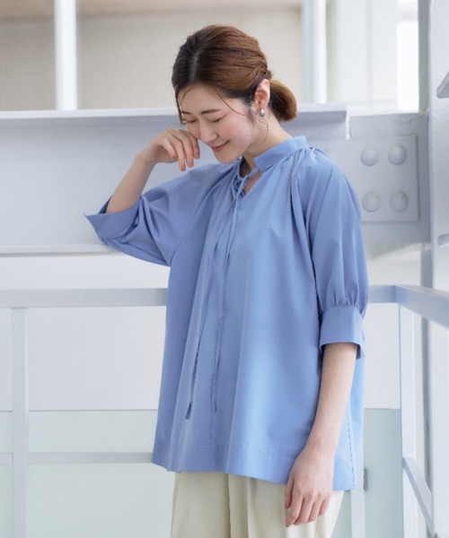 AOYAMA tシャツ ハイネックギャザーリボンブラウス「涼」「5分袖
