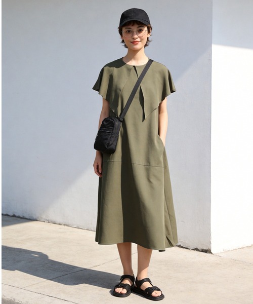 Sew loop ワンピース 夏 ケープ風衿ノースリーブAラインワンピース