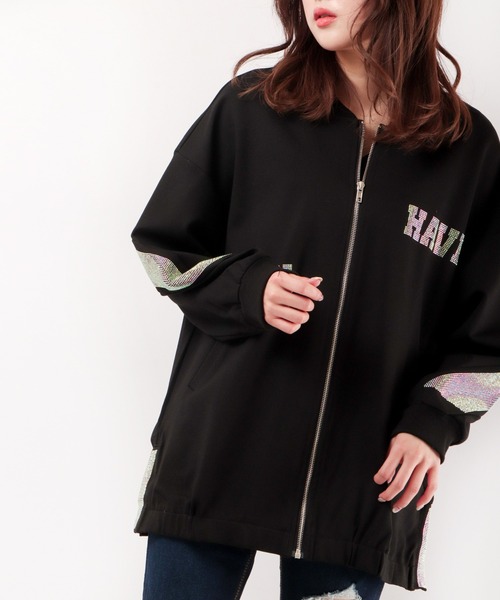 トレーナー スウェット BLACK JACKALL CROWN ポンチ ジルコンプリント BIGシルエット ブルゾン レディース
