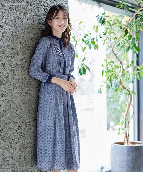 Tiaclasse シャツワンピース 配色バンドカラー幾何学柄ワンピース