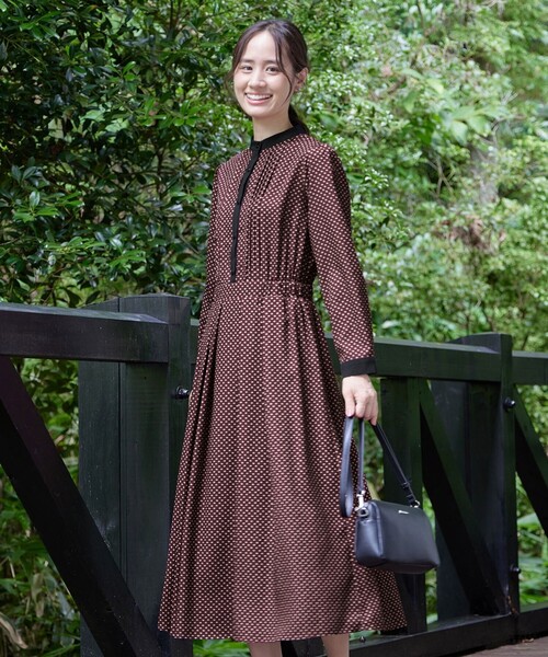 Tiaclasse シャツワンピース 配色バンドカラー幾何学柄ワンピース