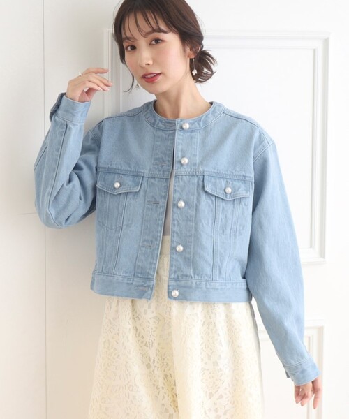 Couture Brooch デニムジャケット gジャン パール調釦ノーカラー