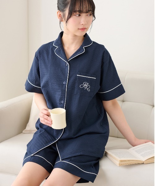 PRISTINE サッカー生地 パジャマ ルームウェア 半袖 サッカー半袖シャツパジャマ(男女兼用) - ファッション通販なら
