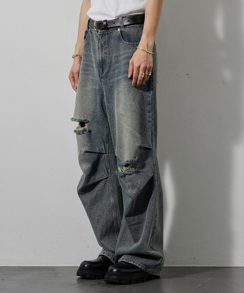 PUBLUX（パブリュクス） ジーンズ Damaged Straight Crash Denim