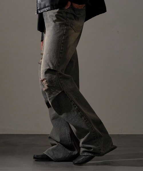 mmoption ブラウン ダメージデニム 30%OFF【CAMBIO(カンビオ)】11oz Damage Paint Stretch Denim Pants