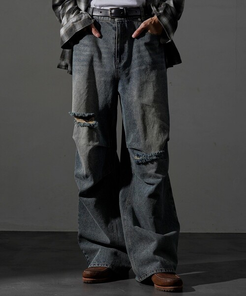 PUBLUX（パブリュクス） ジーンズ Damaged Straight Crash Denim