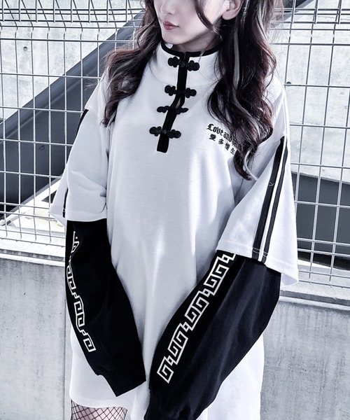 tシャツ フェイクレイヤード チャイナ デザイン トップス レディース メンズ Revo. tシャツ フェイクレイヤード チャイナ デザイン トップス
