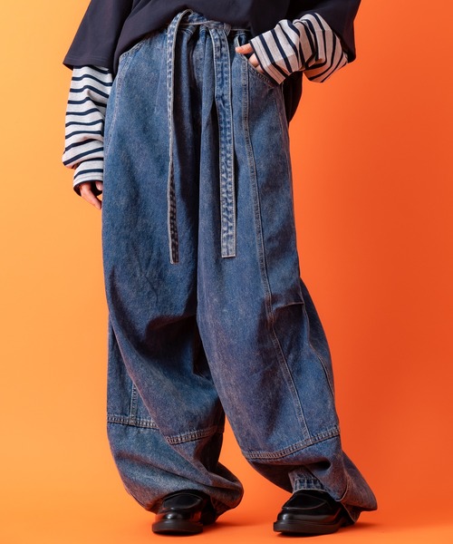 【ネイビー】バレルレッグデニムパンツ NAVY 毎日はきたくなるデニム「マイデニ」 バレルレッグ ワイドパンツ