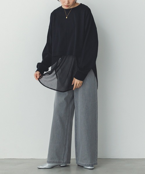 tシャツ メッシュドッキングプリントTシャツ レディース hunch tシャツ メッシュ ドッキングトップス レディース