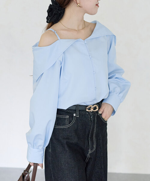 Thevon ブラウス シャツ アシメビッグカラーブラウス レディース