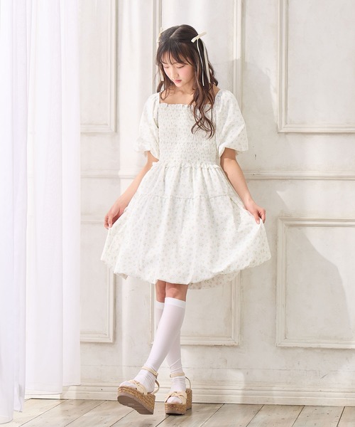 simone rocha× kidsキッズフリル付き白ドレスワンピース Amourire girl ワンピース 小花柄エステルツイルワンピース