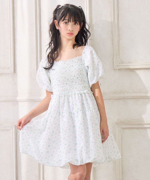 simone rocha× kidsキッズフリル付き白ドレスワンピース Amourire girl ワンピース 小花柄エステルツイルワンピース