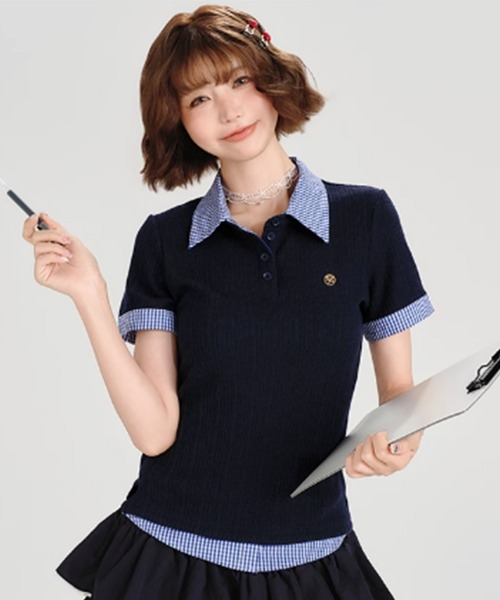 tシャツ ポロカラー レイヤードデザイン 半袖トップス GH25s080「Girlyhalo」 レディース