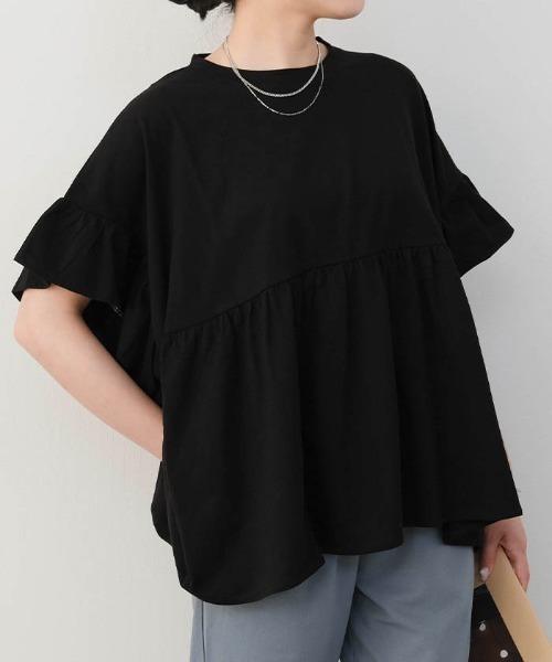 tシャツ FRILL GATHER TOPS/フリルギャザートップス レディース Frill Gather Stitching Top/フリルギャザーステッチトップス