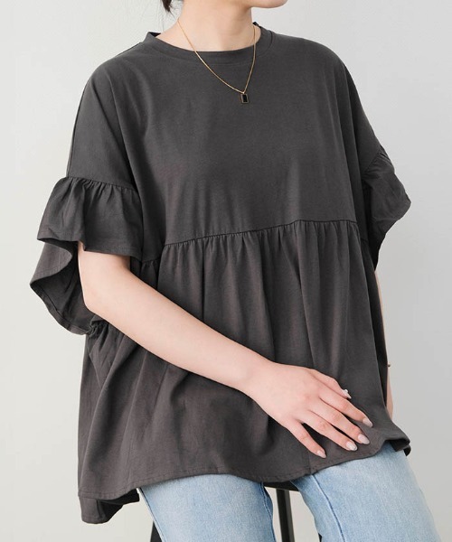 tシャツ タックフリルカットソー レディース タックスリーブカットソー カットソー レディース[品番