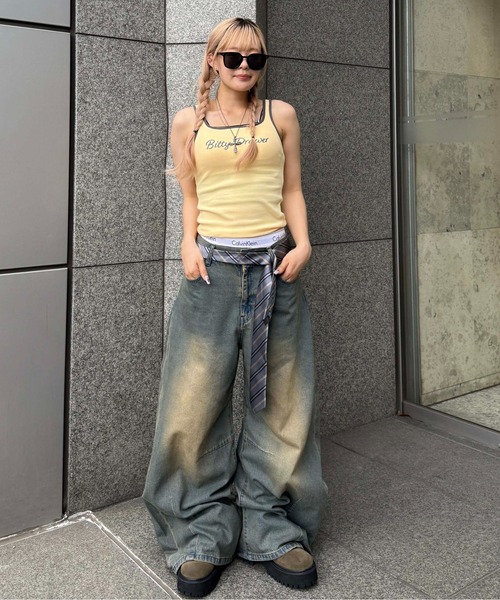 カーブシルエット デニム 切替 ユニセックス 韓国 2色 hr8134 Chico ジーンズ デニム デニムパンツ 「2サイズ展開」ハイ