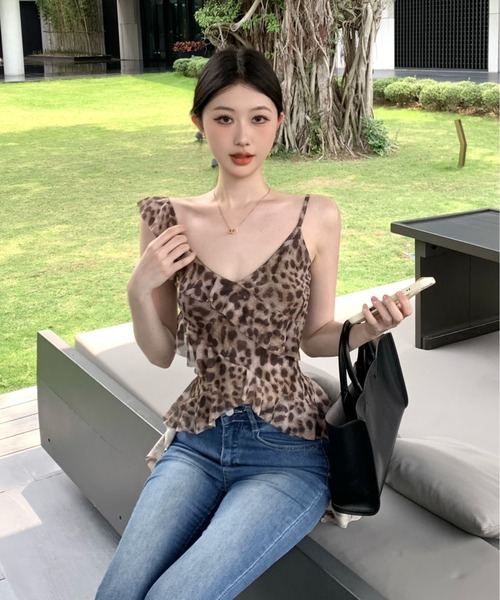 gossip!ロサンゼルス tシャツ Y2K レオパード柄フリル アシンメトリー