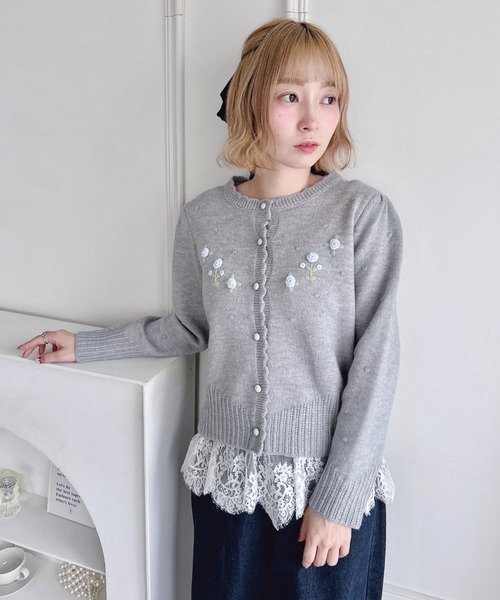 極美品♡ルネ♡刺繍カーディガン Loueme カーディガン ローズ刺繍ニットカーディガン レディース