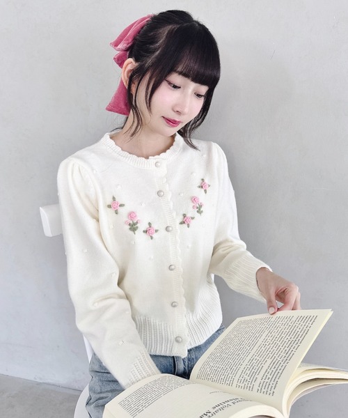 極美品♡ルネ♡刺繍カーディガン Loueme カーディガン ローズ刺繍ニットカーディガン レディース