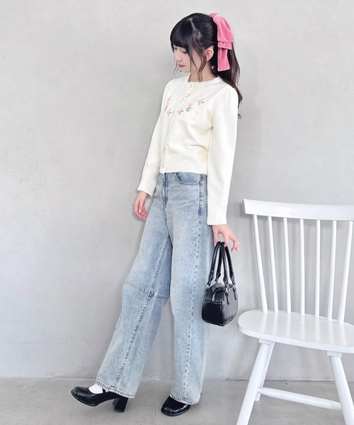 Loueme カーディガン ローズ刺繍ニットカーディガン レディース