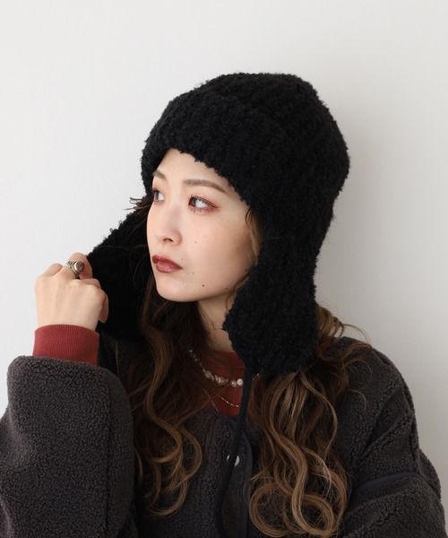   Jeans 黒 ニット帽 Jines（ジネス） ニット帽 ニットキャップ チェーン付リブボブキャップ