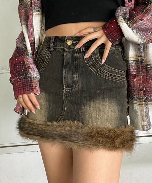 non-hedge（ノンヘッジ） デニムスカート フェイクファー切替