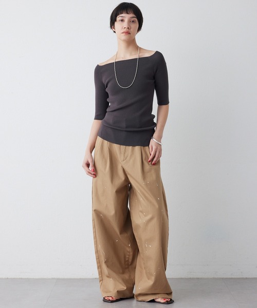 【THE PAUSE】 オフショルハーフスリーブプルオーバー ベージュ 五分袖 THE PAUSE ニット セーター 「THE PAUSE」オフショルハーフスリーブ