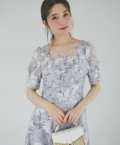 み*。様 tocco closet デコルテラインスクエアフラワーワンピース tocco closet（トッコ クローゼット） ワンピース デコルテライン