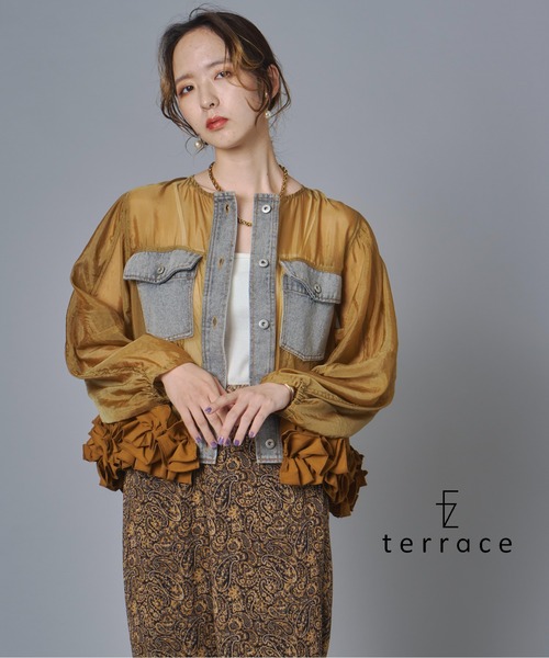 terrace デニムジャケット gジャン デニム切替フリルヘムシアー 