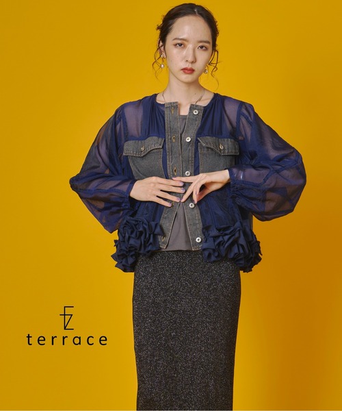 terrace デニムジャケット gジャン デニム切替フリルヘムシアー 