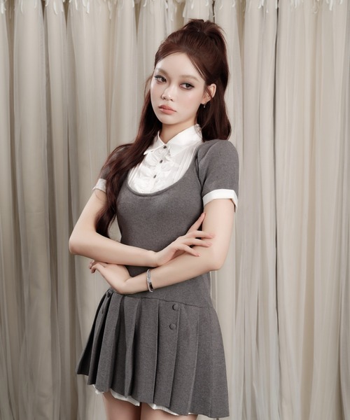 ANDWANG ワンピース 半袖 Grace Pleated Docking Mini Dress